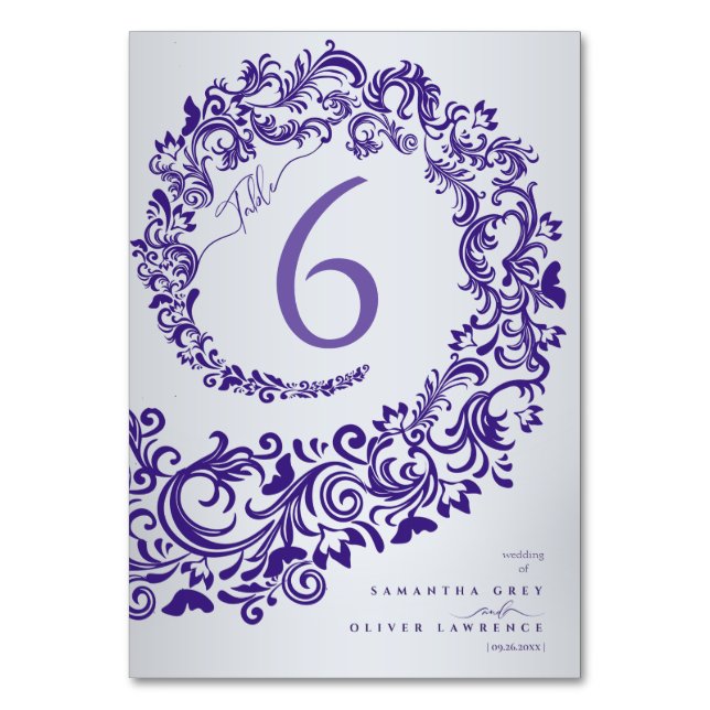 Cartão de Número de Mesa de Casamento Roxo Damasco (Frente)