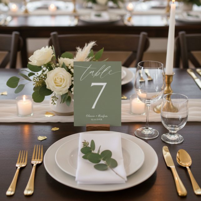 Cartão de Número de Mesa de Casamento Verde Oliva  (Criador carregado)