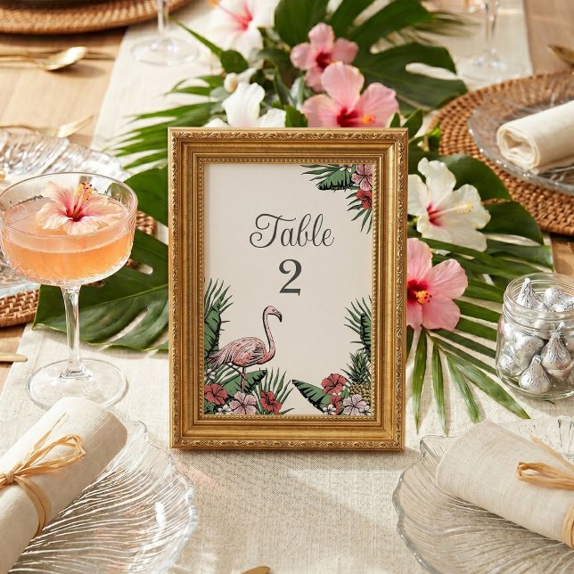 Cartão de Número de Mesa Desenhado à Mão Flamingo  (Tropical hand-drawn number card for Bridal Shower or Tropical rehearsal dinner in ivory)