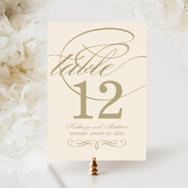 Cartão de Número de Mesa em Script Dourado Marfim 