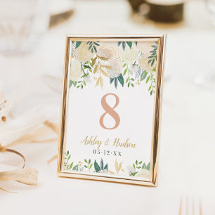 Cartão de Número de Mesa Floral Rosa Dourado Verde