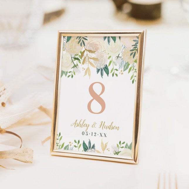 Cartão de Número de Mesa Floral Rosa Dourado Verde (Criador carregado)