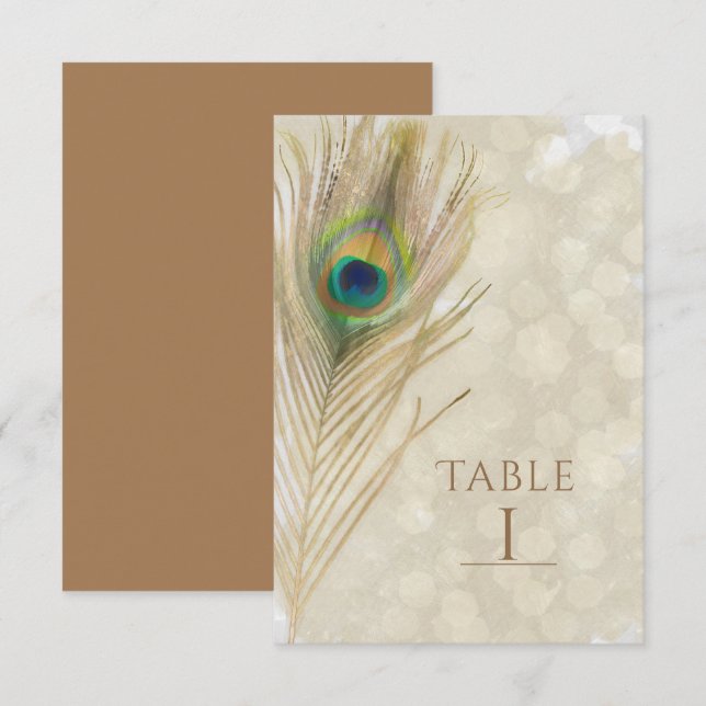 Cartão de Número de Mesa Glam Pluma de Pavão Exóti (Frente/Verso)