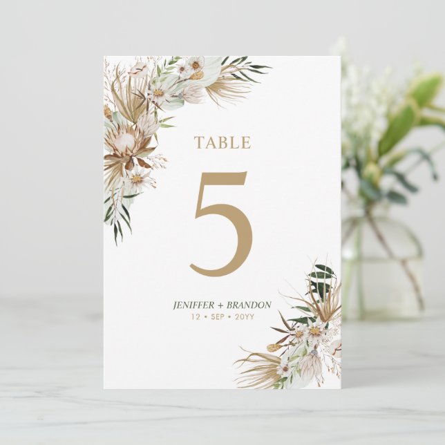 Cartão de Número de Mesa para Casamento Boho Doura (Em pé/Frente)