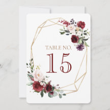 Cartão de número de mesa para floral de casamento 
