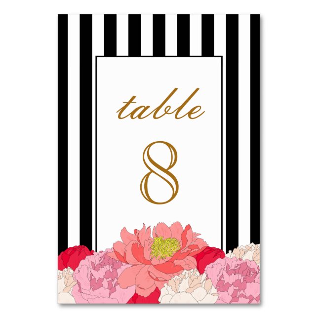 Cartão de Número de Mesa Peonies e Listras (Verso)