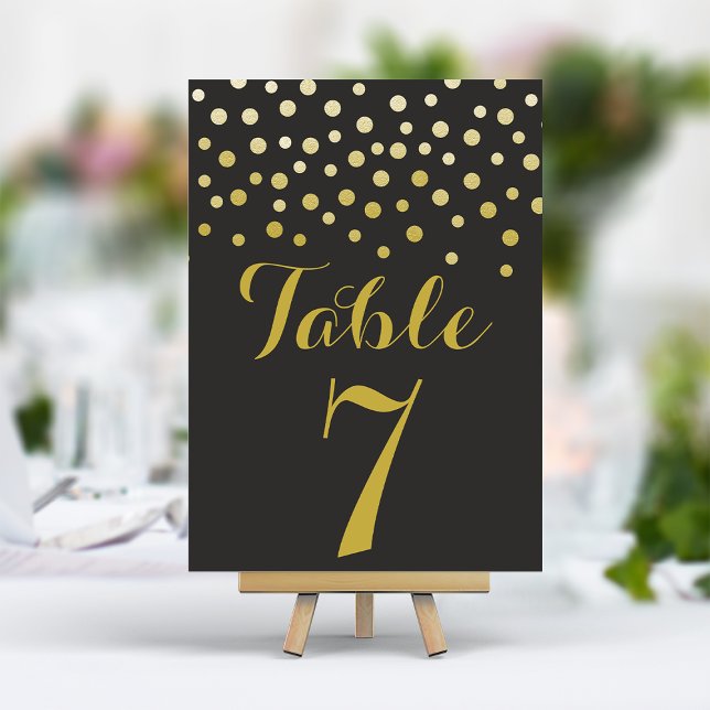 Cartão de Número de Mesa Preto Elegante com Confet (Criador carregado)