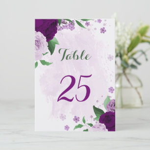 Cartão de número de mesa roxo romântico flores ver