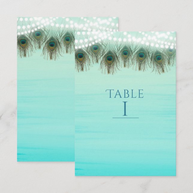 Cartão de Número de Mesa Rústico com Penas de Pavã (Frente/Verso)