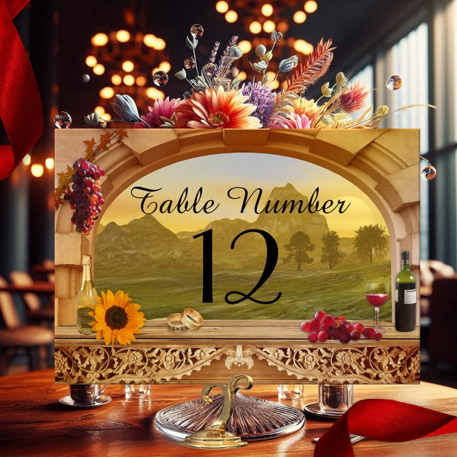 Cartão de Número de Tabela de Casamento de Vinha (Festive wedding table number card with a classic Italian scene with a wine theme and a sunflower)
