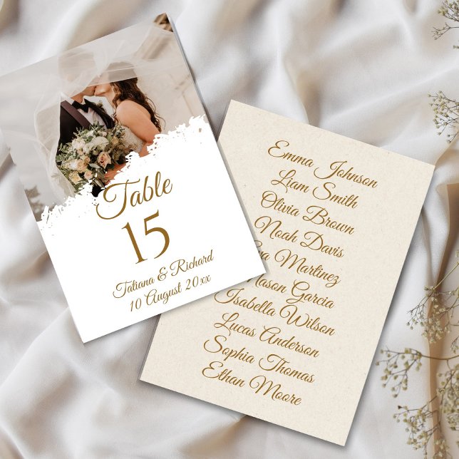 Cartão de Número de Tabela de Script Dourado de Fo (elegant photo and gold script wedding table number card)