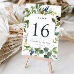 Cartão de Número Personalizado de Tabela Eucalyptu<br><div class="desc">As placas de número de tabela chic do jardim apresentam uma borda de folhagem de aquarela verde e folhas de eucalipto, moldando seu número de tabela em preto rico. Personalize com seus nomes e data de casamento, ou nomeie cada mesa para um toque pessoal extra. Design repete-se no lado oposto....</div>