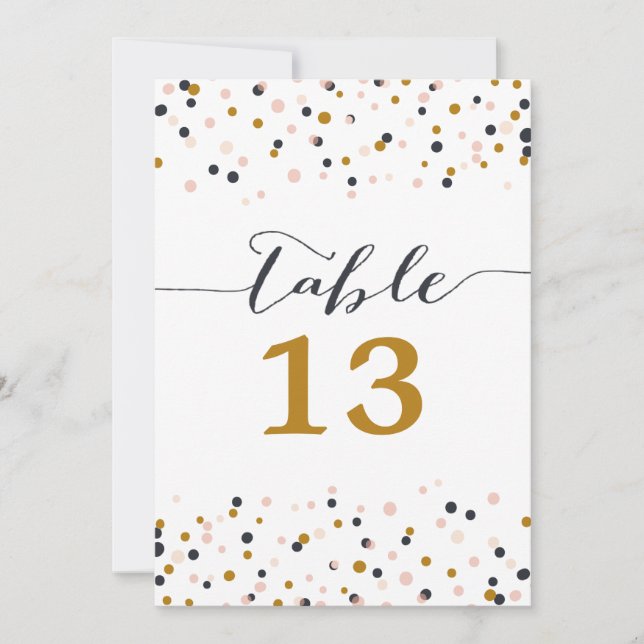 Cartão de Números de Mesa com Confetes Rosa e Dour (Frente)