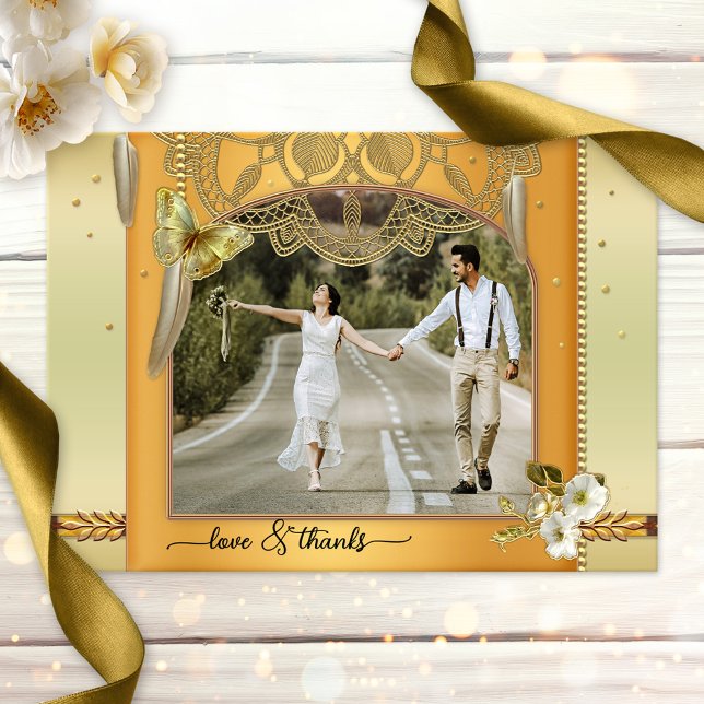 Cartão de Obrigados de Amor Foto de Boho Dreamcatc (Wedding Thank You photo card featuring your wedding photo framed by a boho chic dreamcatcher design)
