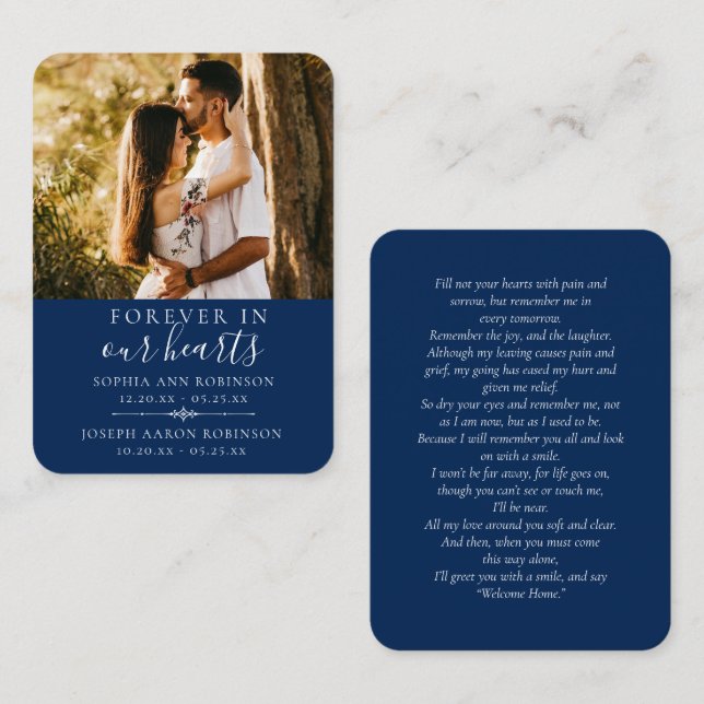 Cartão de Oração Azul Fotográfico Funeral de Memór (Frente/Verso)