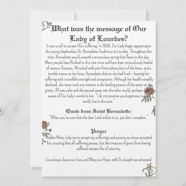 Cartão de Oração da Nossa Senhora de Lourdes (Verso)