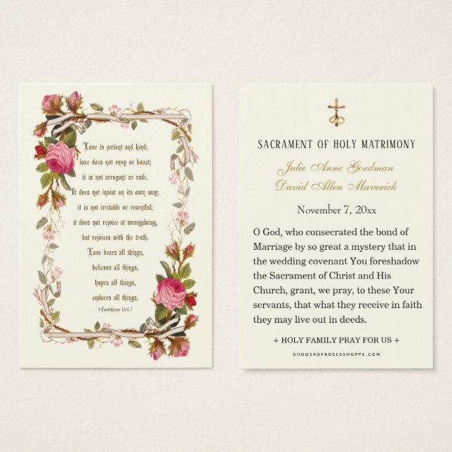 Cartão de Oração de Casamento Católico com Rosas R (Frente & Verso)