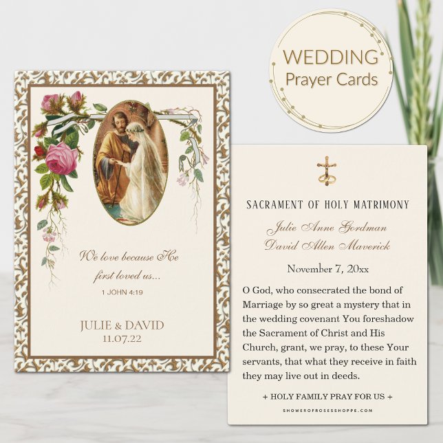 Cartão de Oração de Casamento Floral Dourado com E (Criador carregado)