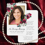 Cartão de Oração de Foto de Script Preto de Simpat<br><div class="desc">Mande este elegante cartão de oração floral personalizado para a família e amigos em memória do seu amado. Este design apresenta uma foto na frente, emoldurada em ouro falso, com rosas de cor branca e vermelha pintados à mão com verde. Abaixo, na escrita a preto, estão as palavras "In Loving...</div>