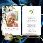 Cartão de Oração de Foto Floral de Rosa Azul Rosa<br><div class="desc">Mande este elegante cartão memorial floral personalizado para a família e amigos em memória do seu amado. Este design apresenta uma foto na borda frontal com rosas cor-de-água, cor-de-rosa-pincel e azul pintados manualmente com verde. Abaixo, na escrita a preto, estão as palavras "In Loving Memory" com um nome e datas...</div>