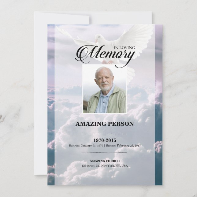 Cartão de Oração Funeral Céu e Dove Modelo (Frente)