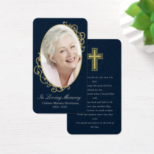 Cartão de Oração Funeral de Foto Dourada Azul Escu
