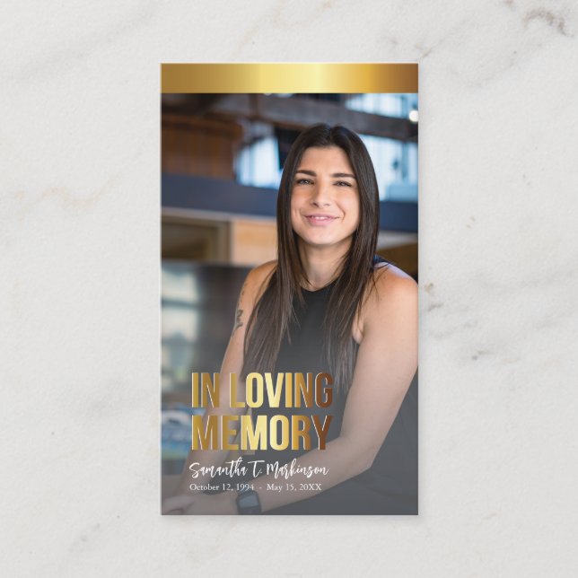 Cartão de Oração Funeral de Foto Dourada e Preta M (Frente)