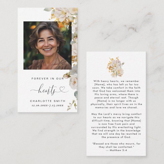 Cartão de Oração Funeral de Foto Floral Elegante (Frente/Verso)