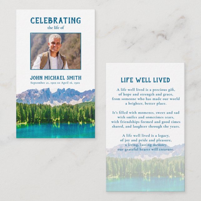 Cartão de Oração Funeral do Lago Montanha (Frente/Verso)