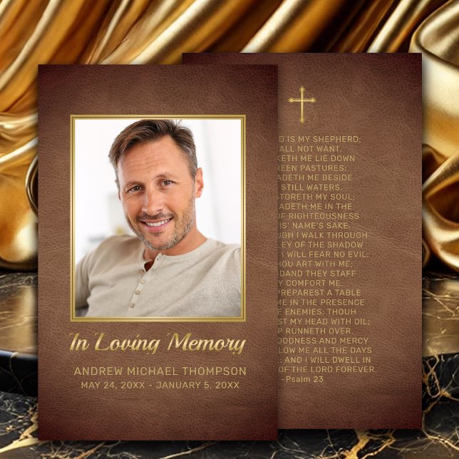 Cartão de Oração Funeral Dourado Christian Brown (In Loving Memory Brown Faux Leather Photo Funeral Card with gold cross.)