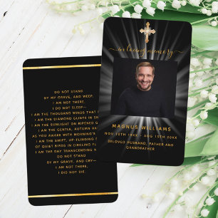 Cartão de oração funerário com fotografia a preto-