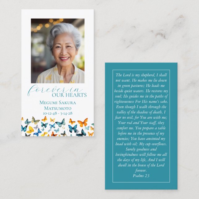 Cartão de Oração Memorial Butterfly - Teal Back (Frente/Verso)