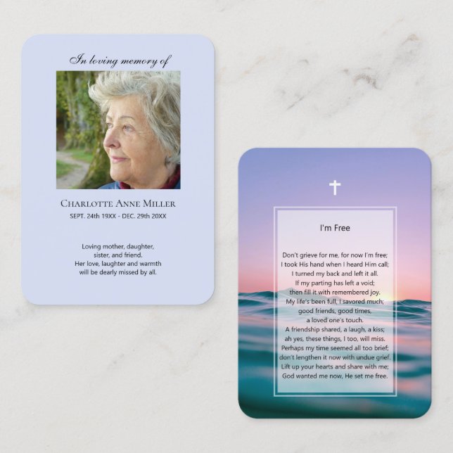 Cartão de oração memorial de foto Estou Livre (Frente/Verso)