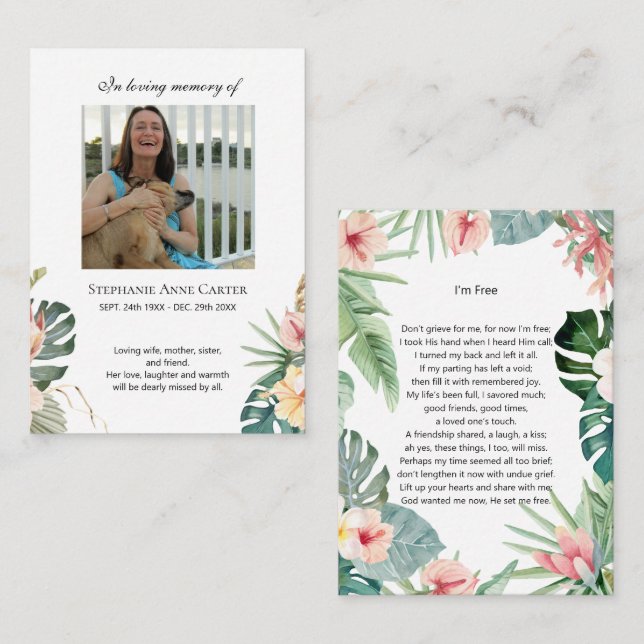 Cartão de oração memorial de foto tropical Estou L (Frente/Verso)