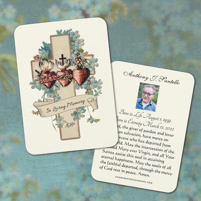 Cartão de Oração Memorial de Funeral Católico (Traditional Catholic Three Hearts of Jesus, Mary, & Joseph Funeral prayer cards)