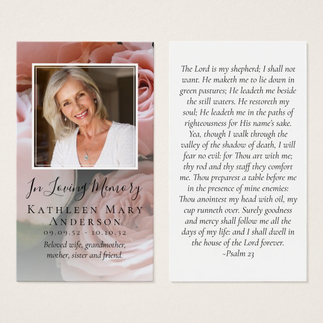 Cartão de Oração Memorial Fotográfico rosa (Frente & Verso)