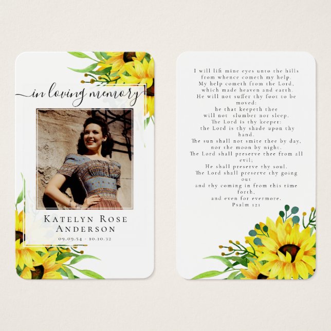 Cartão de Oração Memorial Rustic Sunflower (Frente & Verso)
