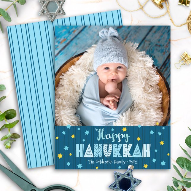 Cartão de Orçamento Feliz Hanukkah Estrelas Azuis  (Criador carregado)