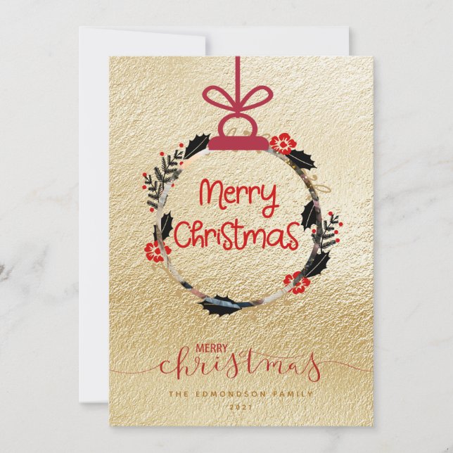 Cartão de Ornamento de Fotos de Natal Dourado (Frente)