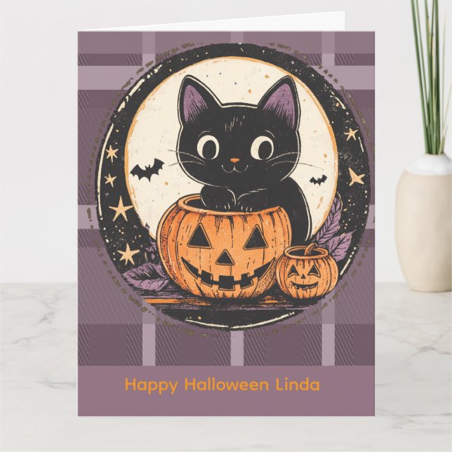 Cartão de Outono de Gatinho Fofo de Halloween (Frente)