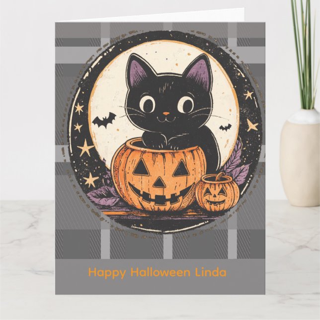 Cartão de Outono de Gatinho Fofo de Halloween (Frente)
