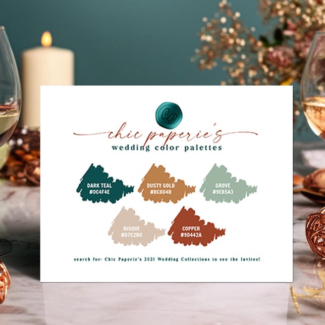 Cartão de Paleta de Cor Verde Dourado de Casamento (Teal and Copper Abstract Wedding Color Palette Card)