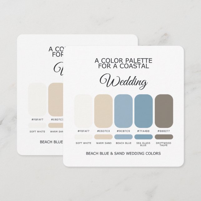 Cartão de Paleta de Cores de Casamento Azul e Arei (Frente/Verso)