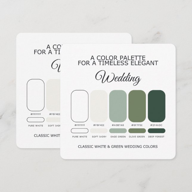 Cartão de Paleta de Cores de Casamento Branco e Ve (Frente/Verso)