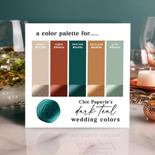 Cartão de Paleta de Cores de Casamento Dark Teal & (Teal and Copper Wedding Color Palette Swatch Card)