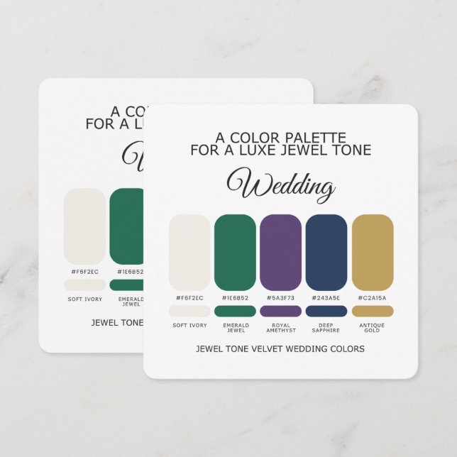 Cartão de Paleta de Cores de Casamento Joia Luxuos (Frente/Verso)