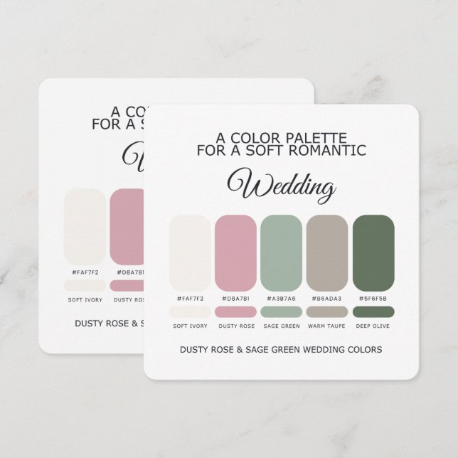 Cartão de Paleta de Cores de Casamento Rosa Empoei (Frente/Verso)