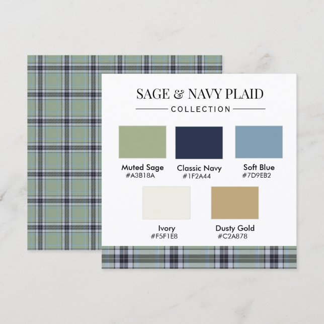 Cartão de Paleta de Cores Xadrez Sage e Azul-Marin (Frente/Verso)
