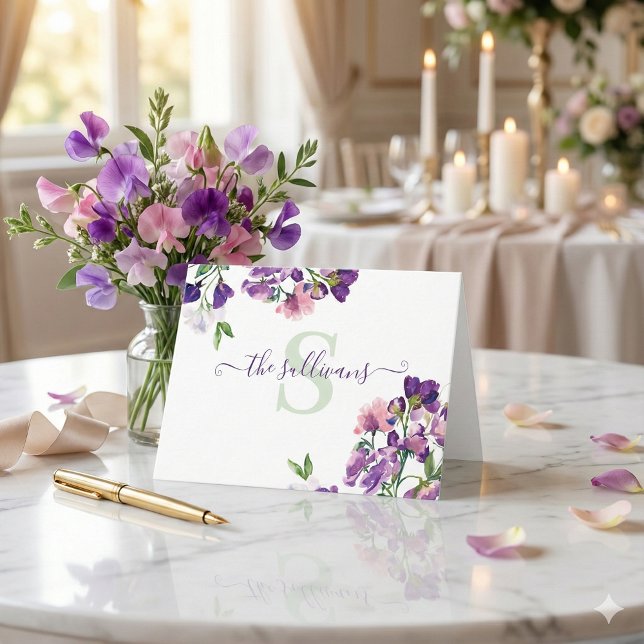 Cartão de Papelaria de Aquarela de Ervilha-Doce Mo (These beautiful personalized sweet pea cards would make a wonderful bridal shower or wedding gift! )