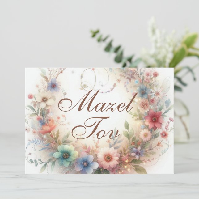 Cartão de Parabéns Mazel Tov, Coroa Floral, (Em pé/Frente)